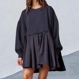 Casual Dresses Ladies Dress Big Swing Chic Pleated Ruffle Colourful Patchwork Loose Fit Above Knee Length For Fall Spring