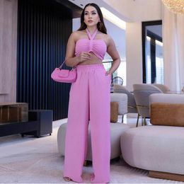 Women's Two Piece Pants Pieces Pink Outfit For Women Halter Backless Short Top Wide Leg Sexy Party Sets Girls Streetwear Summer Luxury