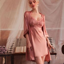 Women's Sleepwear Pink Bride Bathrobe Gown Suit Women Lace Wedding Nighty&Robe Set Kimono Nightgown Lingerie Summer Rayon Home Dress