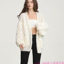 Women's Knits Tees Handwoven crochet mohair loose slouch straight style cardigan coat sweater woman 230925