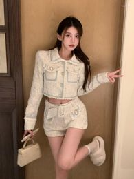 Women's Tracksuits Sweet Girl Suit Long-sleeved Autumn Short Jacket High Waist Straight Shorts Two-piece Set Fashion Female Clothes