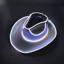 Party Hats Wireless Shiny Rolled Brim Cowboy Hat Fluorescent Party Props Luminous LED Cowboy Cowgirl Hat Flashing For Bridal Party 230926