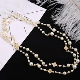 New fashion luxury designer diamond lucky leaf pearl classic elegant multi layer long sweater statement necklace for woman259h