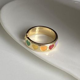 Cluster Rings Vintage Colourful Heart Open Ring Simple Gold Colour Enamel Finger Jewellery Simulated Pearl Adjustable For Women