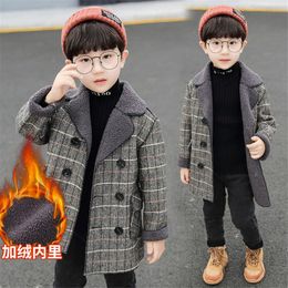 Пальто, детские шерстяные пальто для мальчиков, осенне-зимние теплые клетчатые куртки для мальчиков, длинная флисовая толстая верхняя одежда, детское пальто 230926