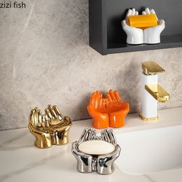 Soap Dishes Simple Palm Shape Ceramic Soap Dish Holder Storage Organiser Racks Home Solid Colour Drain Soap Box Shelves Bathroom Accessories 230926