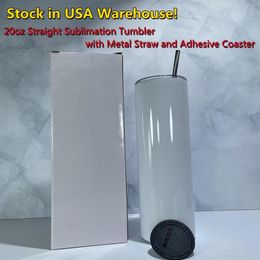 USA Local Warehouse Sublimation 20oz Straight Skinny Tumblers with Metal Straw Adhesive Rubber Coasters Stainless Steel Double Wal297Y