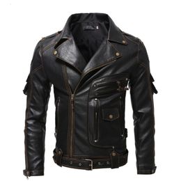 Men's Leather Faux Vintage Ghost Rider Motorcycle Multi zip Jacket Lapel Pu Parka Plus Size Fat Singer Show Man 230925