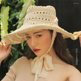 Wide Brim Hats 2023 Korean Summer Straw Hat Women Lace Strap Sun Outdoor Windproof Beach Cap Foldable Trend Hollow Bucket Caps Mujer
