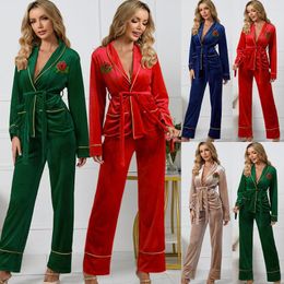Women's Two Piece Pants 2023 European And American Velvet Rose Embroidery Gold Edge Pocket Home Wear Suit Top Trousers Pyjamas Women