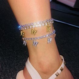 Gold Butterfly Anklet Rhinestone Crystal Ankle Charm Bracelet Boho Beach Anklets for Women Sandals Foot Bracelets Female Wedding J2169
