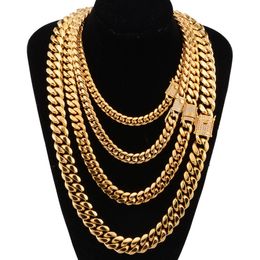 8-18mm wide Stainless Steel Cuban Miami Chains Necklaces CZ Zircon Box Lock Big Heavy Gold Chain for Men Hip Hop Rock jewelry319V