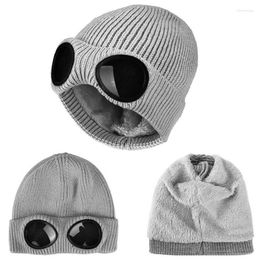 Berets 2022 Winter Glasses Hat CP Ribbed Knit Lens Beanie Street Hip Hop Knitted Beanies Thick Fleece Warm For Women Men231L