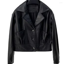 Women's Leather 2023 Autumn Clothes Short Pocket Wrinkled Jacket Sheep Skin Locomotive Casual Coat