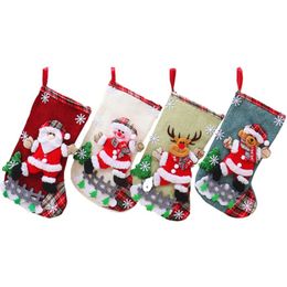 Christmas Stockings Ornament Embroidered Applique Fireplace Hanging Linen Christmas Candy Bag For Home Decorations Xmas Tree Decor Holiday Party Gift