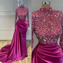 Alta elegante pescoço celebridade mangas compridas lantejoulas vestidos de baile para mulheres varrer chão vestidos de noite feitos sob encomenda