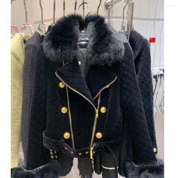 Women's Jackets HIGH STREET Fashion 2023 Autumn Winter Designer Jacket Black Women Fur Collar Detachable Velvet Motorcycle Coat