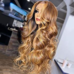 Highlight Color Transparent Lace Front Human Hair Wig Honey Blonde Body Wave 13X4 HD Lace Frontal Wig Synthetic Pre Plucked for Women
