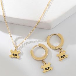 Necklace Earrings Set 2pcs Halloween Festival Stainless Steel Gold Plated Skeleton Black For Women Gift Jewelry