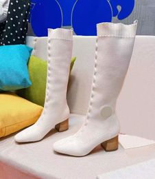 Lange Stiefel für Damen, modisch, elastisch, gestrickt, Socken, Schuhe mit hohen Absätzen, Show, Party, Hochzeit, atmungsaktiv, schmale Passform, Martin-Schuhe, Geschenkbox, 35–40