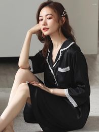 Women's Sleepwear Summer Shirt Nightdress Women Sexy Black Nightgown 2023 Lace Satin Sleeping Dress Ice-silk Pyjamas Home Clothes