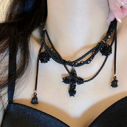 Choker Punk Temperament Cold Wind Black Rose Flower Cross Muilt Layer Chain Necklace For Women Aesthetic Sweet Cool Female Gifts