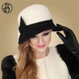 Berets FS Wide Brim White Wool Hats Bow Bowler Fedora Hat For Women Chapeau Femme Feutre Winter Cloche Ladies Church Felt Fedoras Caps 230926