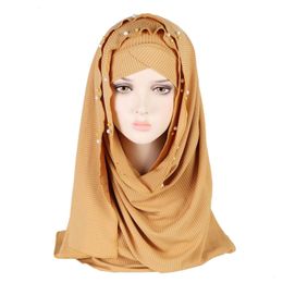 Hijabs Plain Beads Wrinkle Jersey Hijab Shawl With Modal Cap Women Veil Wrap Solid Muslim Scarf Ramadan Turban Headband 161X60Cm Drop Dhg8V