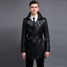 Jaqueta masculina de couro clássico de pele de luxo preto lavagem pu trench coat para tamanho 6xl moda dupla breasted jaquetas masculinas