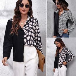 Popular Designer Women's Plaid Panel Bubble Sleeve Long Sleeve Shirts Women Lapel Neck Single Breasted Blouses New Style baggy cardigan Shirt