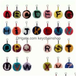 Key Rings Fashion Fluffy Alphabet Pompom Keyring Faux Rabbit Fur Ball Keychains Crystal Letters Holder Jewellery Accessories Drop Delive Dhhrs