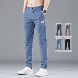 Men's Jeans Spring Summer Elastic Waist Design Thin Casual Pants Korean Fashion Cotton Stretch Business Trousers Male Grey Blue 230925