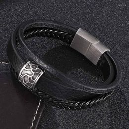 Charm Bracelets Punk Jewelry Accessories Black Multilayer Braided Leather Bracelet Men Stainless Steel Magnet Buckle Bangle FR0446