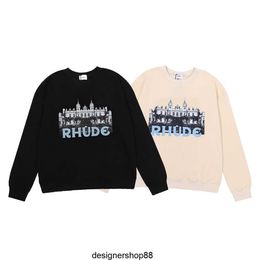 Rhode Niche Fashion Casino High-definition Castle Print High Gramme Weight Pure Cotton Loop Round Neck Sweater for Men and Women