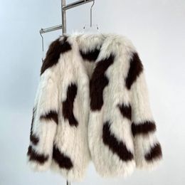 Women's Fur Jacket Braid Luxury Fluffy Cow Colour Outerwear Fuzzy Hair Coat Winter Autumn Fashion Warm Overcoat Clothing 2023