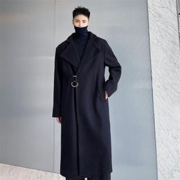 Men's Wool Medium And Long Loose Tweed Coat Winter Fashion Large Personalized Metal Ring Buckle Design Knee Style
