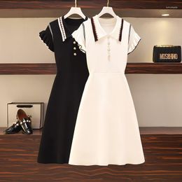 Casual Dresses 2023 Spring Summer Knit Polo Dress Woman Black White Knee-length Straight Female Ruffles Sleeves A-Line