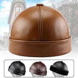 Berets 1Pc Men's Vintage Genuine Leather Beanie Hat Autumn Winter Velvet Warm Brimless Hats Bonnet Dad Caps Retro Landlord Hat Skullcap 230922