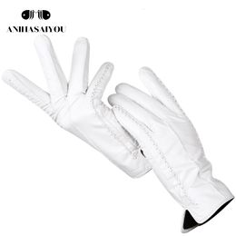 Five Fingers Gloves Fashion white leather glove Genuine Leather White gloves sheepskin Short comfortable Women's warm lining2226D 230925