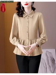 Women's Blouses Shirts S-3XL Women European Style Office Lady Work Basic Shirt Ruffle Belly Black Tunic Peplum Top Blouses 230923