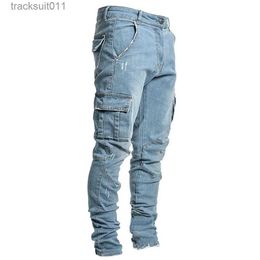 Men's Jeans Fashion Streetwear Ripped Skinny Jeans Men Side lit Pockets Denim Cargo Pants Slim Fit Pantnes Hombre Soft Elastic Joggers L230926