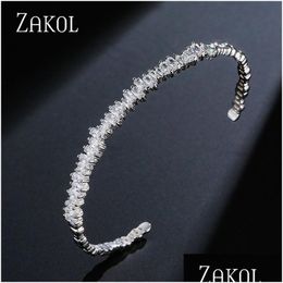 Bangle Fashion T Cubic Zirconia Cuff Bangles For Women Trendy Baguette Men Open Bracelet Geometry Girl Party Jewellery Drop Delivery Br Ott9Z