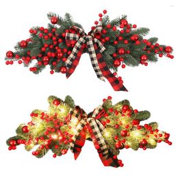 Decorative Flowers Christmas Holiday Art Wreath With Plaid Bow Pine Needles Hanging Garland Festival Favors For Wall Door Lintel Decor