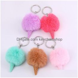 Key Rings Cut Fur Ball Ice Cream Keychain Ring Keyring Pompom Shoder Bags Pendant Childrens Gifts Drop Delivery Jewellery Dhlzn