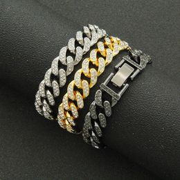 Beaded Bangle Hip Hop 13MM Rhinestones Prong Iced Out Cuban Link Chain Bracelet Men Women Gold Colour Bling Butterfly Jewellery 230925