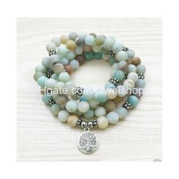 Beaded Yoga 108 Malas Buddhism Bracelet Fashion Lotus Om Buddha Charm Amazonite Beads Meditation Mti Layer Drop Delivery Jewellery Brace Dhicu