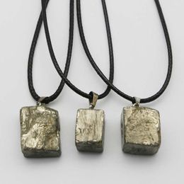 Pendant Necklaces Natural Pyrite Raw Stone Irregular Square Flash Ore Leather Rope Necklace Diy Charm Jewelry Creative Gift Wholesale 1Pcs