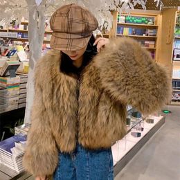 Women's Fur Jacket Ultra-Short Overcoat Imitation Raccoon Hair Trumpet Sleeves Thick Warm Coat Winter Fashion