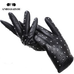 Five Fingers Gloves Rivets Genuine Leather Sheepskin women's gloves Thin warm winter driving motorcycle leather gloves7017 230925