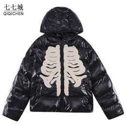 Men's Down Parkas Winter Retro Skeleton Parka Men Bright Jacket Hip Hop Street Harajuku Y2k Thicken Warm Padded Coats Loose Windproof Coat Unisex 230926